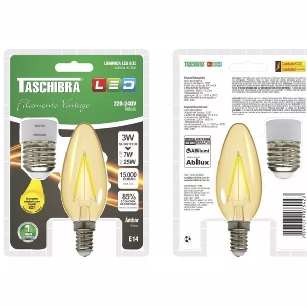 Lâmpada Filamento LED Vela B35 E14 Com Adaptador E27 3W Taschibra